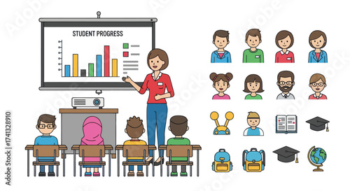 Colorful cartoon illustration set of a teacher presenting student progress in a classroom with various school and student icons.
