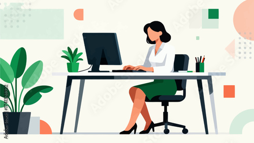 Woman working at desk with computer