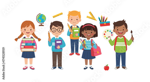 Group of Cheerful Cartoon Children Ready for School.