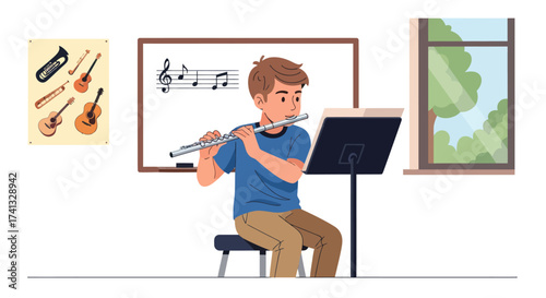 Young Boy Playing Silver Flute Practicing Music.