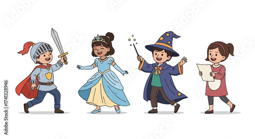 Children Dressed Up in Costumes: Knight Princess Wizard and Reader.