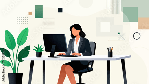 Woman working at desk with computer