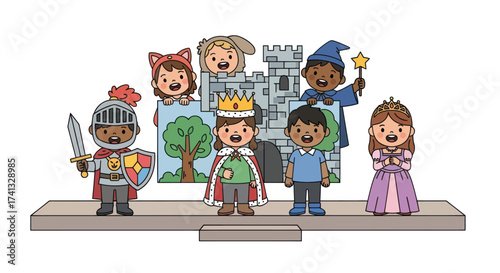 Diverse Group of Children Dressed as Fairytale Characters on a Stage.