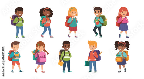 Diverse Cartoon School Children with Backpacks Smiling.