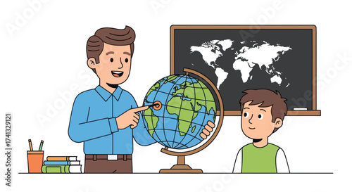 Teacher pointing at globe with student in classroom world map on blackboard.