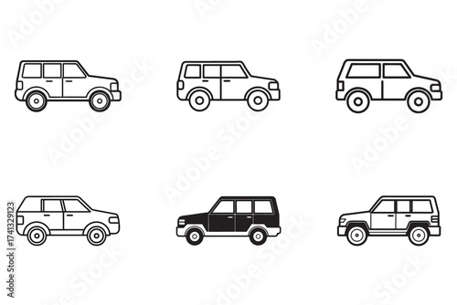 Set of various simple SUV car icons on white background representing transportation and automotive industry design