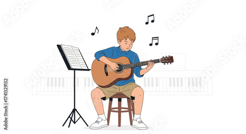 Young man sitting on a stool playing an acoustic guitar and reading sheet music from a stand.