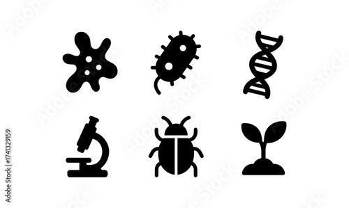 Science icons: microbe, dna, microscope, and plant silhouettes on white background
