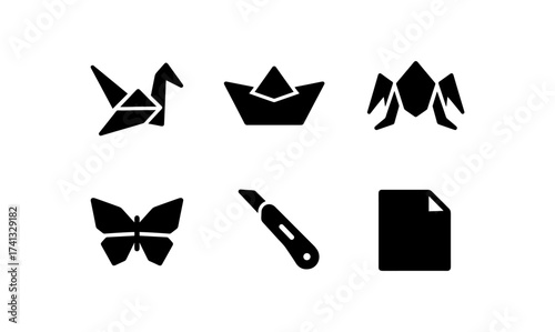 Minimalist origami icons set featuring crane, boat, frog, butterfly, knife, and document