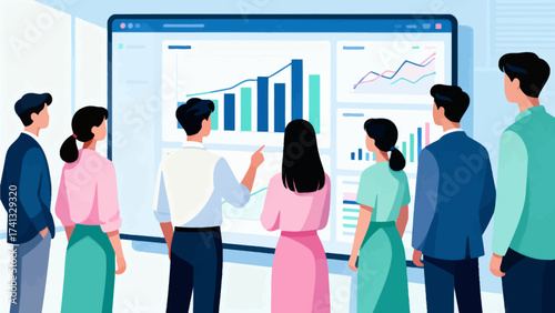Team reviewing data charts on screen