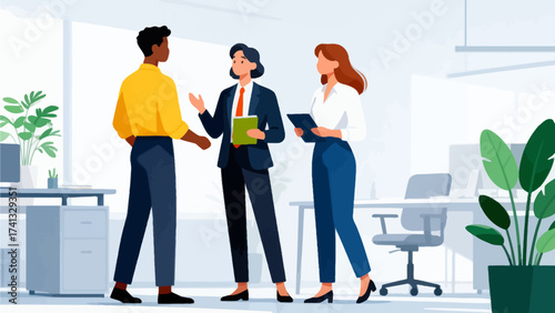 Three people in business attire talking in office