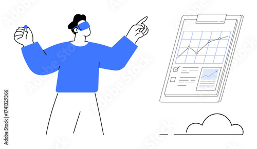 Person with VR headset interacting with floating clipboard displaying charts, graphs, and notes. Ideal for innovation, data analysis, future technology, virtual reality, business efficiency