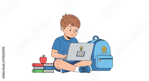 Cute cartoon boy studying online with laptop books and school supplies.