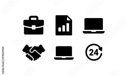 Business icons set: briefcase, graph, laptop, handshake, 24 hour service in silhouette style