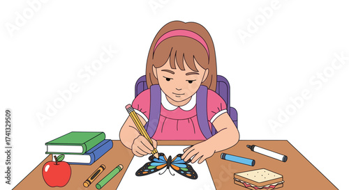 Young Girl Drawing Butterfly at School Desk.