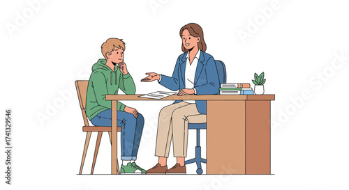 Therapist Counseling a Young Man at Desk Discussing Issues.