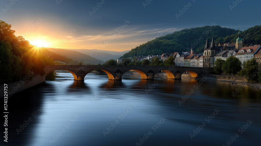 Obraz premium Sunset over the river with a bridge and city skyline in view