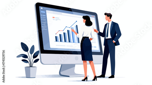 Business people analyzing data on large screen