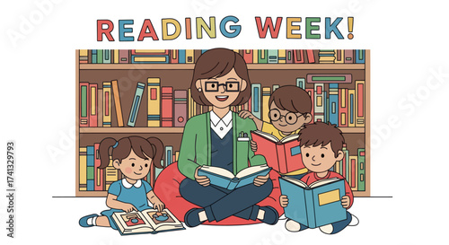 Reading Week Illustration: Teacher and Students Enjoying Books in Front of a Bookshelf.