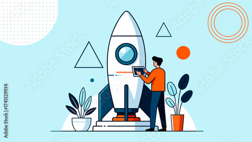 Man using tablet near rocket