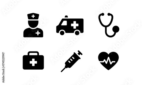 Healthcare icons set featuring medical personnel, ambulance, and stethoscope in silhouette style