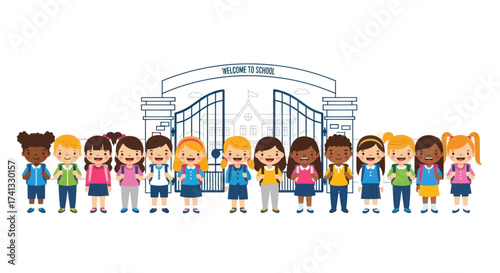 Diverse group of cartoon children standing in front of a school entrance.