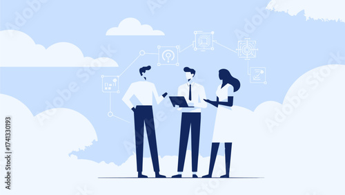 Three people discussing with digital diagrams