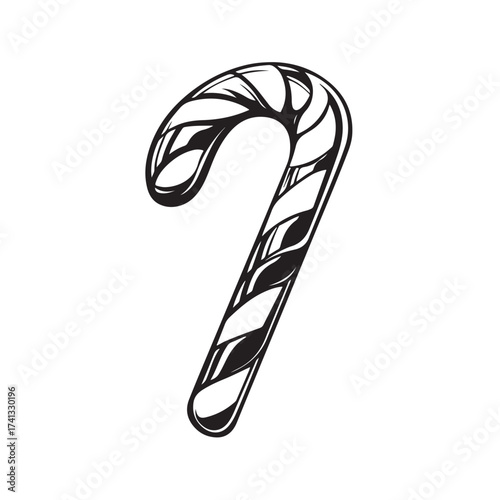 Candy cane silhouette, festive holiday vector, Christmas candy cane silhouette vector Illustration on white background, Black and white candy cane silhouette