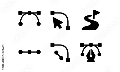 Simple icons for design and editing tools featuring pen tool and curves