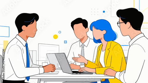 Business team collaborating at desk with laptop
