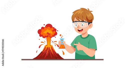 Young boy in safety goggles conducting a science volcano experiment.