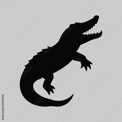 Black Silhouette of an Alligator with Mouth Open on a Light Gray Background