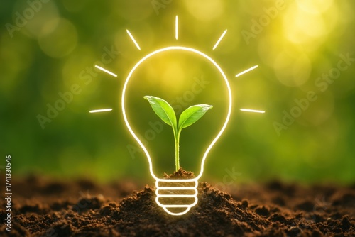 Illustration of a glowing lightbulb encompassing a sprouting seedling in soil, suggesting innovative concepts and the growth of new ideas, showcased against a blurred, vibrant green background.