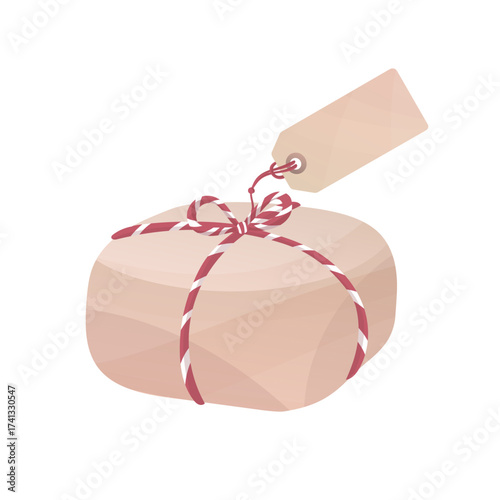 Mail parcel tied with twine ready for postal delivery. Eco-friendly gift pack. Christmas present wrapped in kraft paper and a label. Hand drawn vector clipart for stickers, scrapbooking, card design.