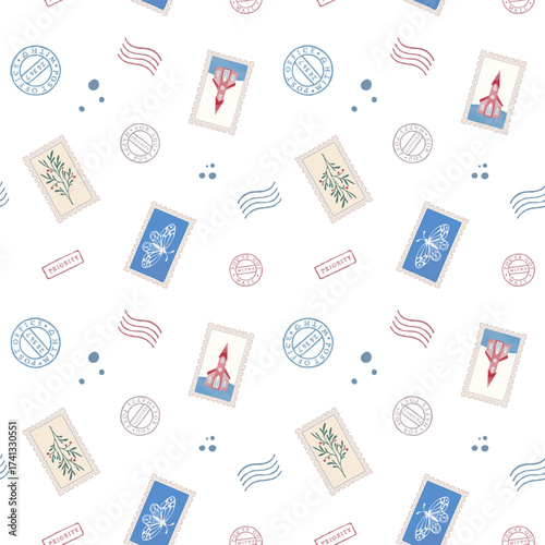 Seamless pattern with postage stamps and postmarks. Mail items and ink blobs.  Philately-themed design in flat retro style. Perfect for wrapping paper, textile and fabric, greeting cards.