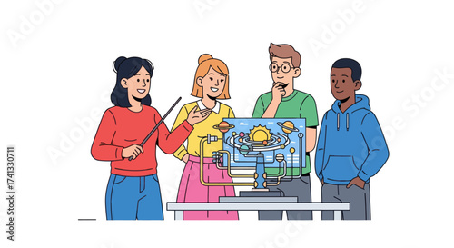 Diverse students collaborating learning and discussing a complex scientific diagram on a computer screen.