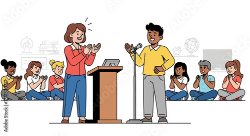 Diverse students celebrating success at a school competition podium.