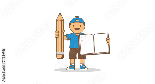 Cheerful Cartoon Boy Holding Giant Pencil and Notebook.