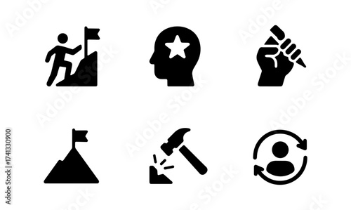 Achievement and development icons: silhouette style for creativity and progress concepts