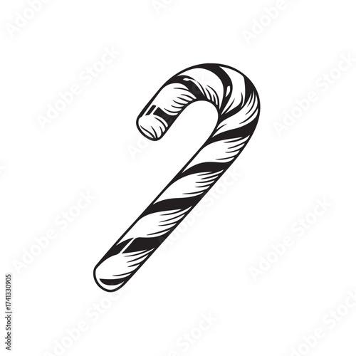 Candy cane silhouette, festive holiday vector, Christmas candy cane silhouette vector Illustration on white background, Black and white candy cane silhouette