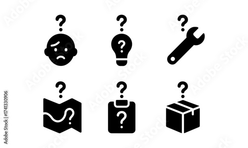 Silhouette icons of uncertainty: face, lightbulb, wrench, map, clipboard, box with question marks