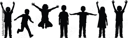 Silhouette of happy children playing, jumping, raising hands, and enjoying childhood moments with fun energy, isolated on white background illustration