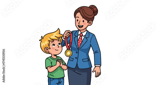 Teacher Awarding a Gold Medal to a Smiling Young Boy.