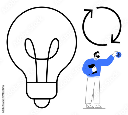 Large lightbulb outlines creative ideas. Person holds notebook, presenting spinning ideas. Arrows signify innovation, sustainability, brainstorming, planning, problem-solving, teamwork and growth
