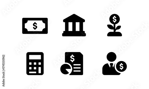 Finance and economy icons: money, banking, growth, and calculations in silhouette style