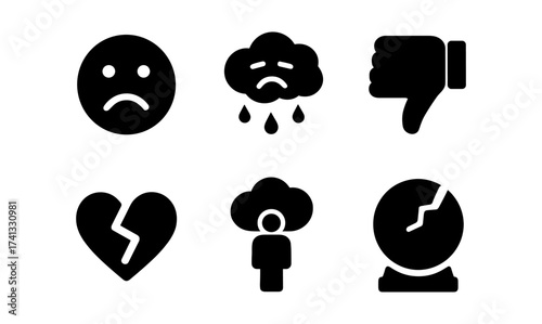 Silhouette sadness icons: emotions, weather, and fortune symbols for dark mood design