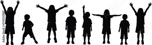 Silhouette of children standing, raising hands, playing, jumping, group of happy kids, joyful childhood activity, black isolated figures, outdoor fun