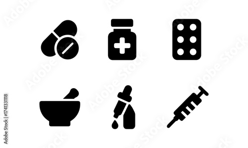 Healthcare icons: medicine, pharmacy, and treatment symbols in black silhouette style
