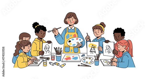 A female art teacher with a diverse group of children painting and drawing in a creative classroom workshop.