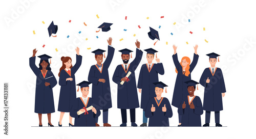 Diverse Group of Graduates Celebrating Graduation with Caps.